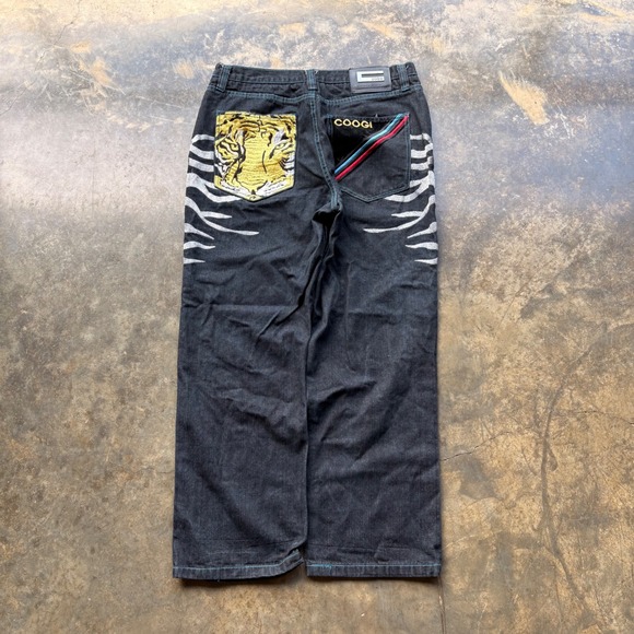 COOGI Other - COOGI Mens Tiger Embroidered‎ Baggy Jeans Dark Wash Denim Teal Stitching W38